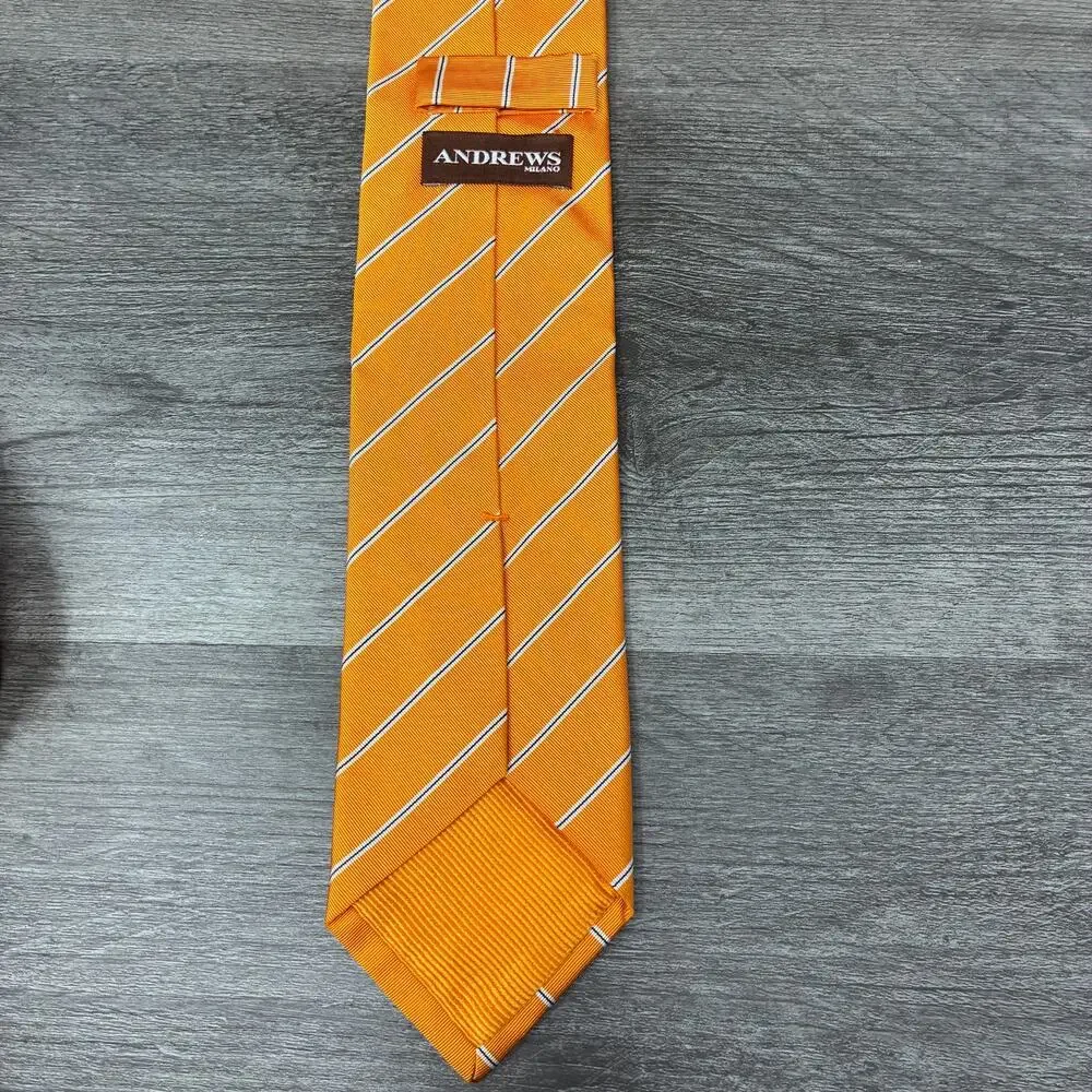 Andrews Milano 100% Silk Tie Orange White Navy Stripe 3